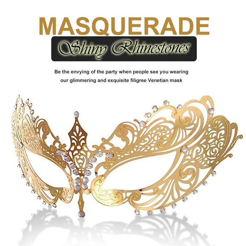 MYMENU Masquerade Mask for Women Shiny Rhinestone Venetian Party Prom Ball Metal Mask (Golden Butterfly) - Image 4